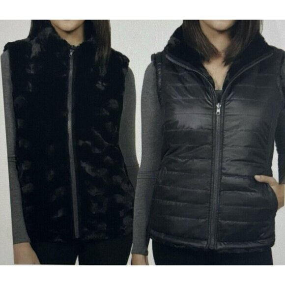 Nicole Miller Reversible Plush Faux Fur Quilted Smooth Black Vest Women Small - Picture 1 of 9